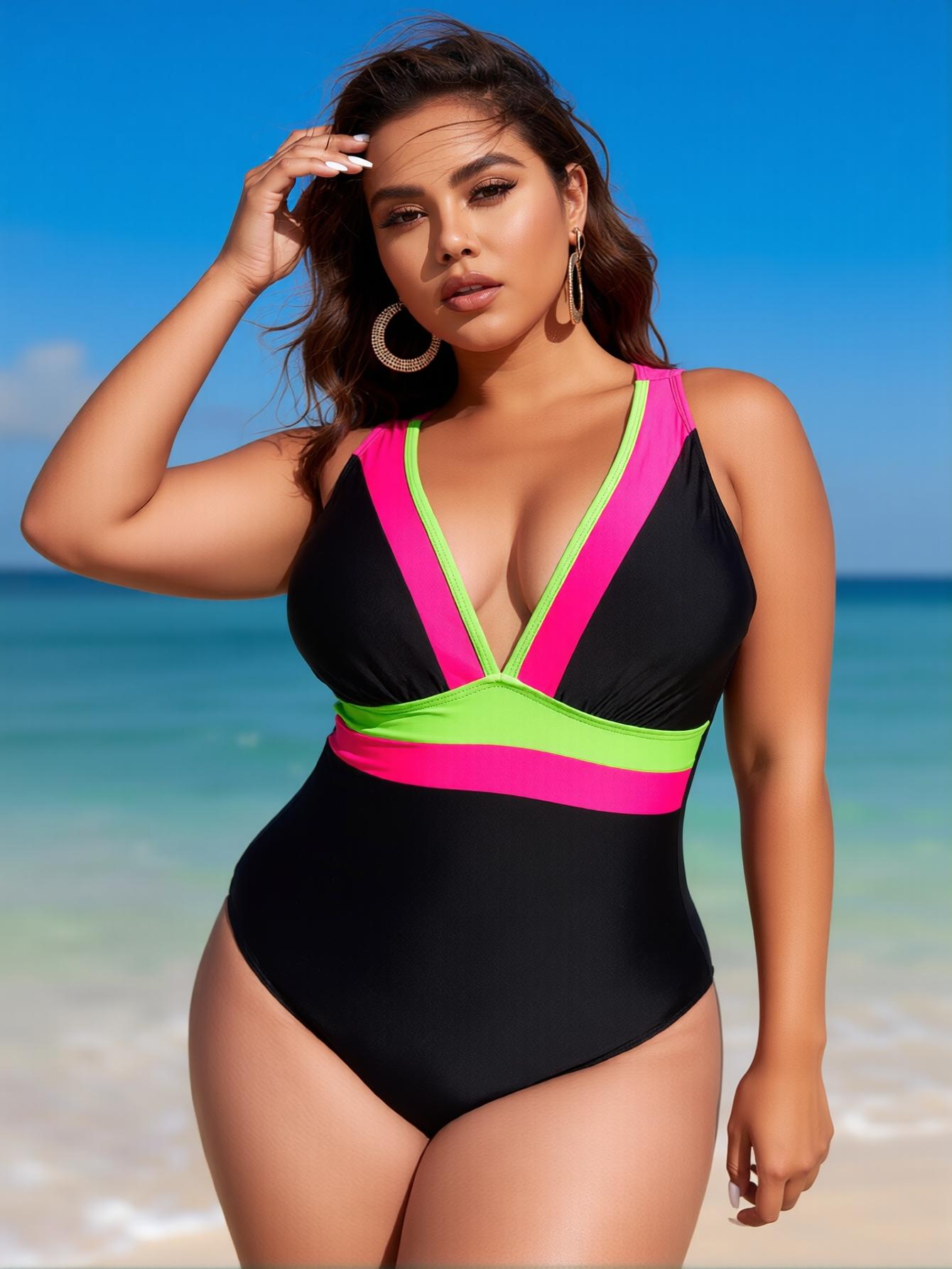Plus Size Black & Neon Pink Green Color Block One Piece Swimsuit – V Neck Tummy Control Swimwear