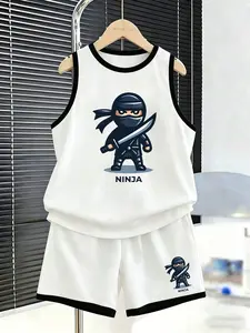 Casual Sport Set, Tank Top and Shorts, Ninja Warrior and Ninja Letter Print, Cool and Stylish Two-Piece