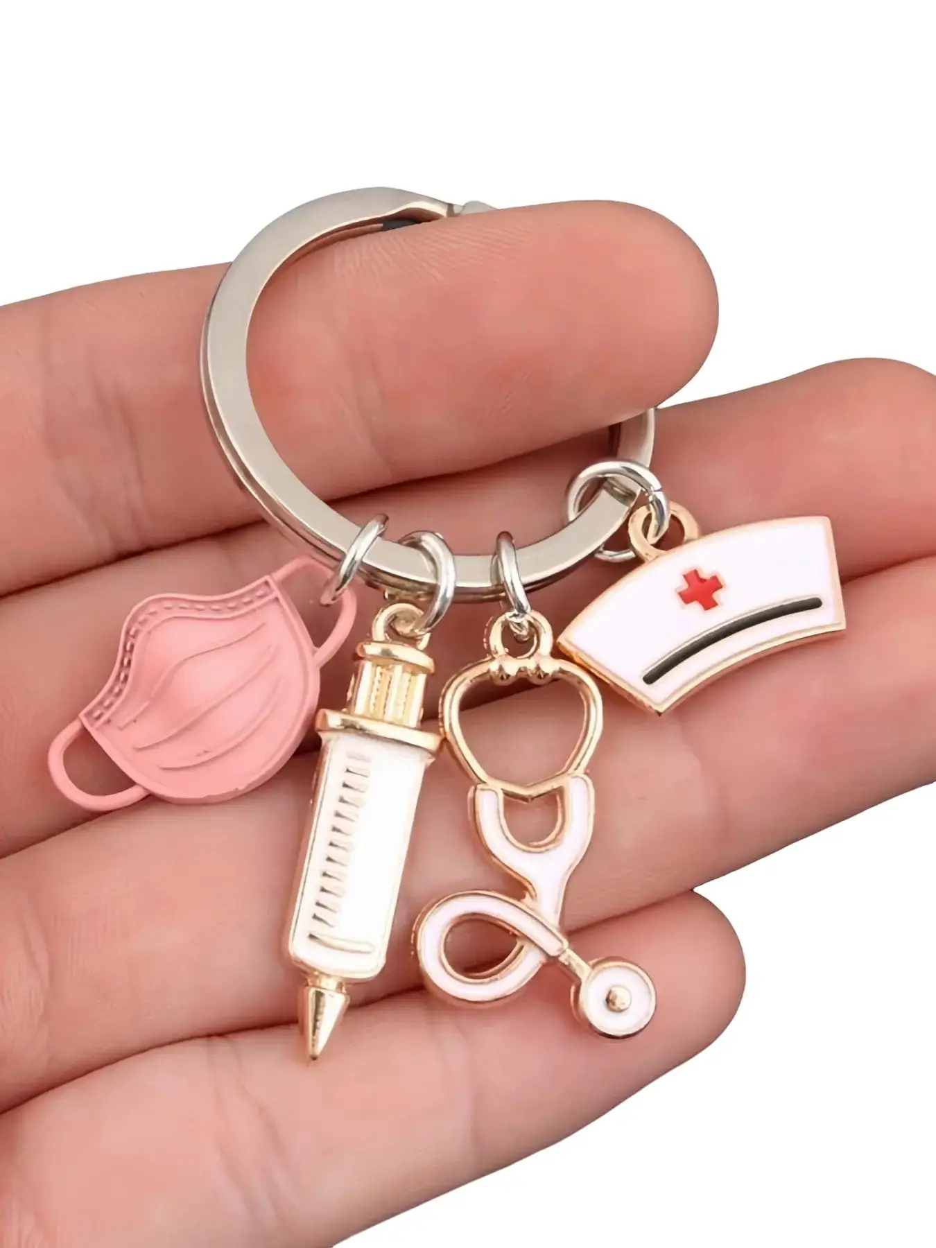 Nurse Themed Keychain, Cute Nurse Mask & Syringe & Stethoscope Design Keychain for Women & Men, Fashion Nurse Keychain Accessory for Bag Decoration, C