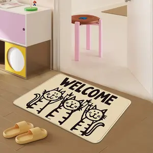 1 Piece 100% Polyester Welcome Door Mat with Cat Design and Plant Pattern Non-Slip Tufted Short Plush Entryway Rug for Indoor Use, Casual Minimalist Modern Style