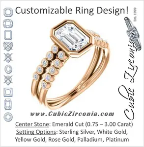 Cubic Zirconia Engagement Ring- The Rafaella (Customizable Bezel-set Emerald Cut Design with Round Bezel Accented Split Band)