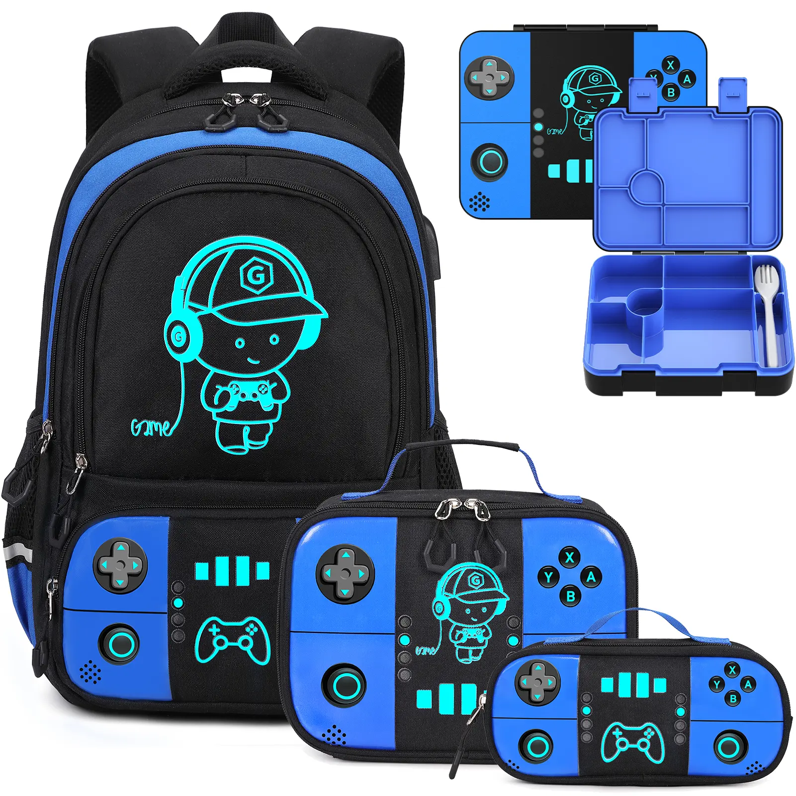 SIMILOVE Game Theme Gamer Backpack Set - Cool Glow-in-Dark Nylon Schoolbag with USB Port, Lunch Bag, Pencil Case for Elementary-Middle School Kids, Childrens Bag (Party Gift Option)