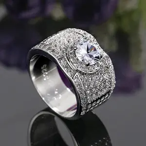 Women's Silver Rhinestone Wide Band Ring, Round Cut Crystal Statement Jewelry, Sparkle Gift for Party & Daily Wear men's
