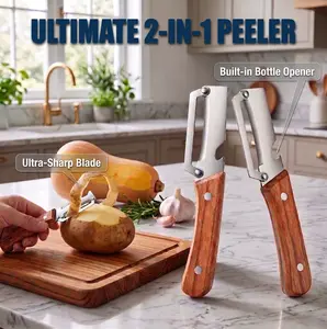 2pcs Multi-Functional Kitchen Peeler, Ultra-Sharp Stainless Steel Blade, Wooden Handle, Bottle Opener for Peeling Vegetables and Fruits