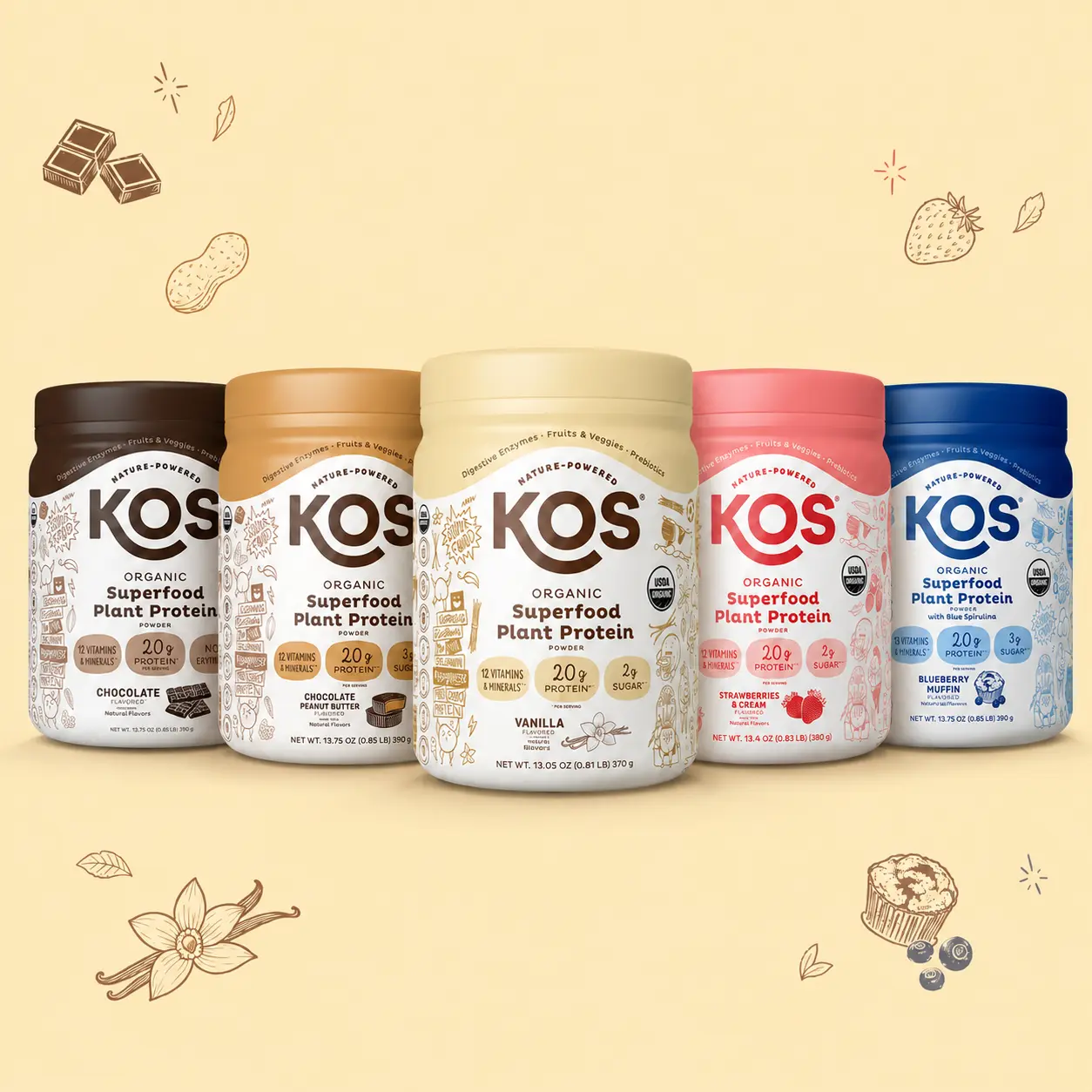 KOS Organic Plant Protein 10 Servings & 5 Flavors, USDA Certified, Gluten Free, 20g Protein Per Serving, Digestive Enzymes for Optimum Absorption