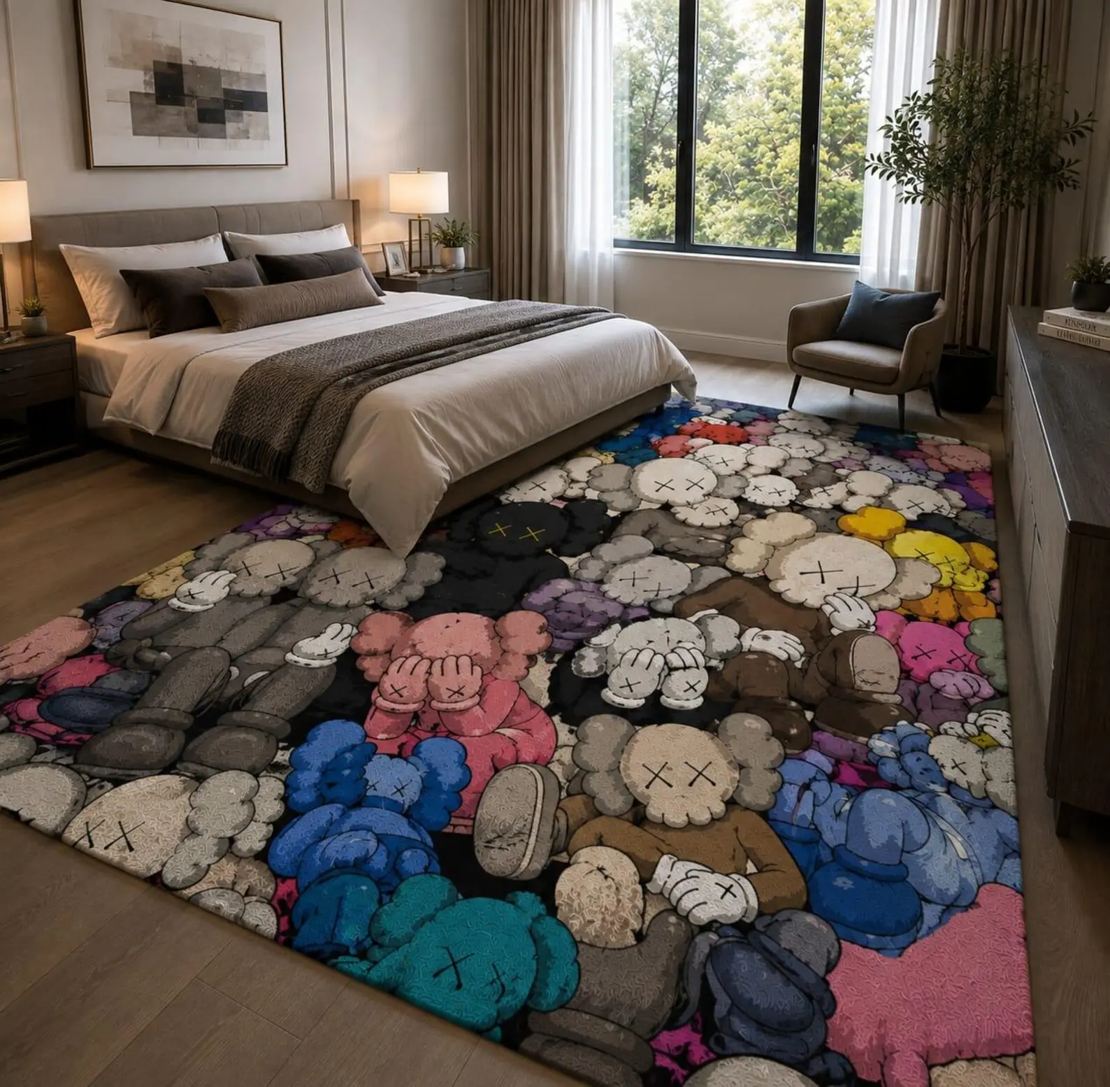 KAWS Modern Abstract Cartoon Character Area Rug, Soft Contemporary Graphic Floor Rug for Living Room