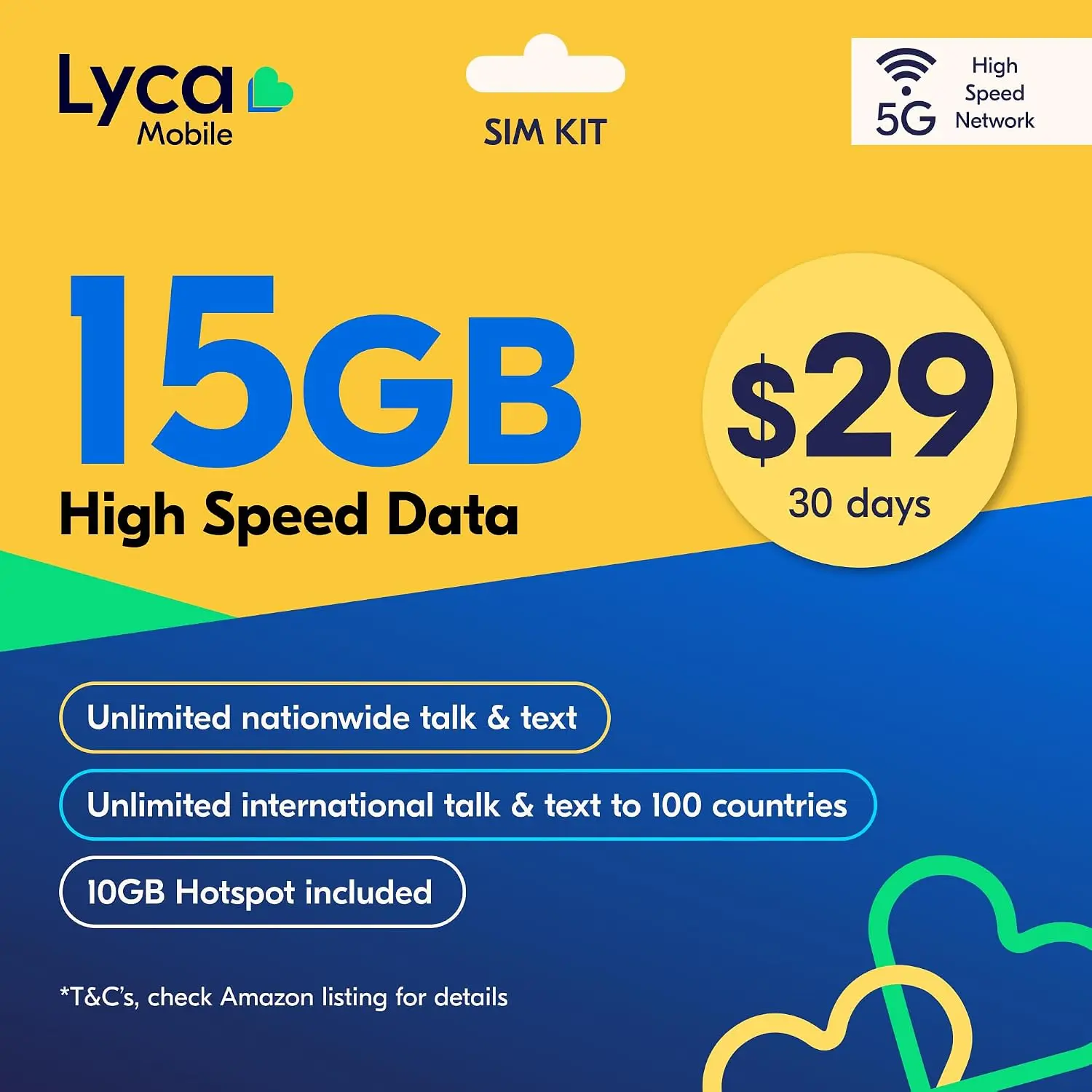Lyca Mobile USA Prepaid 5G/4G SIM Card| $29 Plan| Unlimited Talk, Text & Data| 15GB High Speed Data (10GB Hotspot)| 30 Days