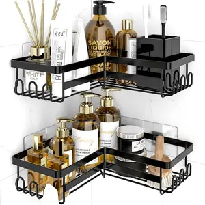 Corner Shower Caddy Shelf Organizer, 2 Pack Adhesive Black Bathroom Accessories, Save Space with Hooks, Toiletries Organization Storage Stainless No Drilling Shower Shelves
