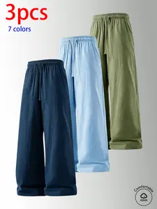 3-pack men’s pure cotton long pants: loose straight casual pants, sweatpants/joggers, featuring a drawstring waistband design. Available in multiple colors. Suitable for home lounging, daily commuting, outdoor walks, short trips, camping—versatile casual