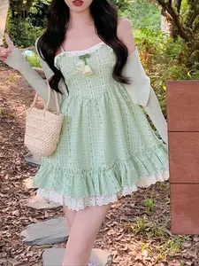 Elegant Women's Slim Lantern Sleeve Woven Dress, Colorblock Print, Sweet Princess Style, Simple and Chic Design, Perfect for Daily Wear