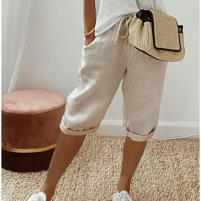 (New)Cute Outfits Summer 2025 New Women's Cotton and Linen Pocket Elasticated Slacks Shorts