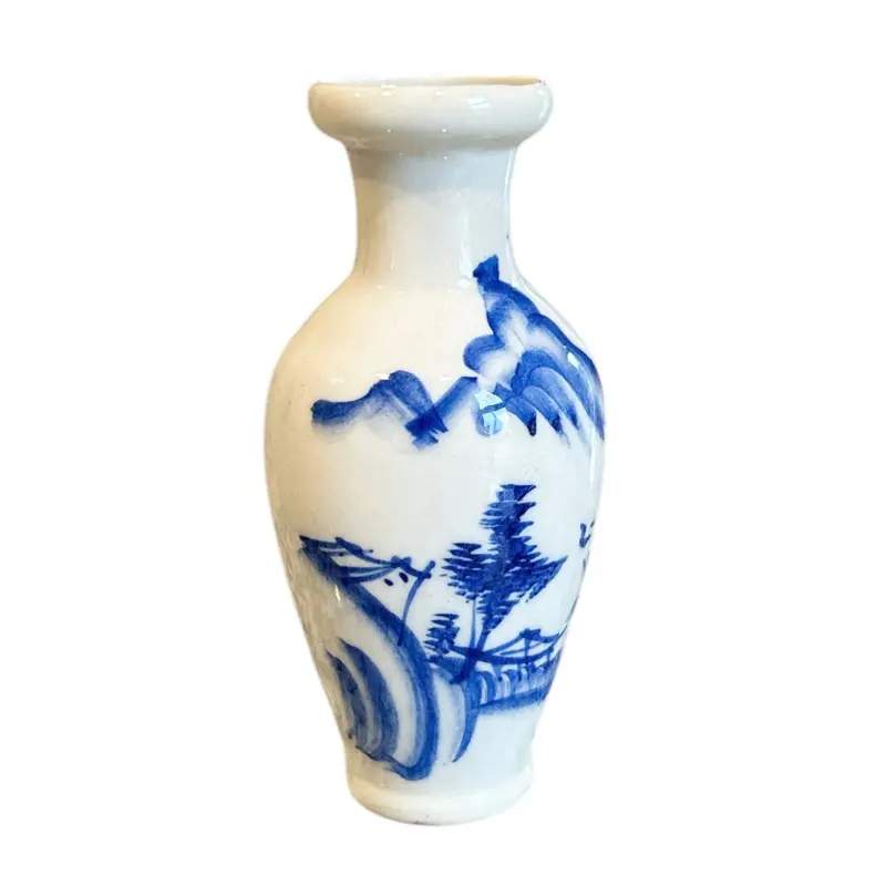 Hand Painted Mini Vintage Blue and White Asian Landscape Small Porcelain Bud Vase