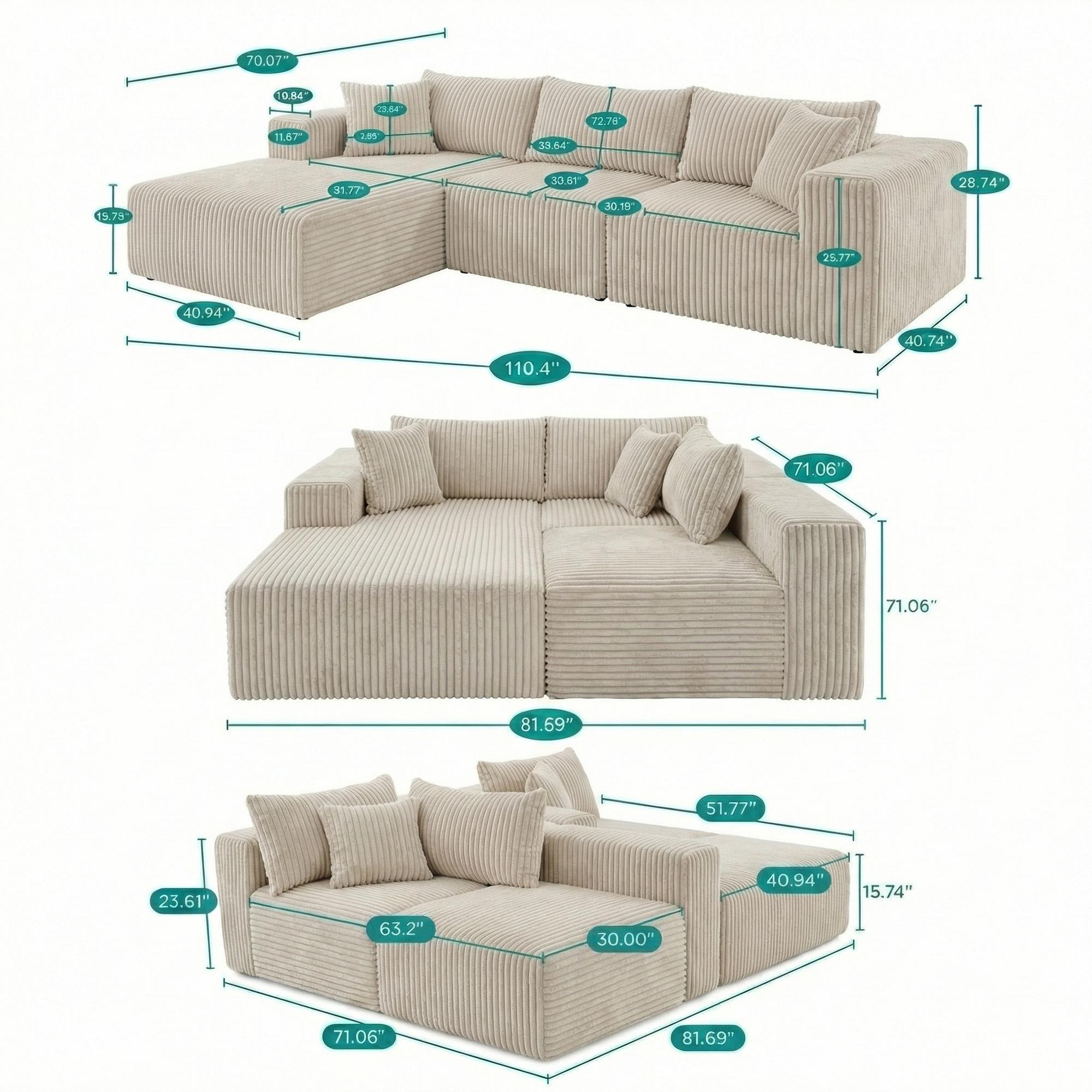 【Multiple Packages】110" Boneless Cloud Couch, 3-Piece Modular Sectional Sofa with Chaise, DIY L-Shaped Deep Seat Comfy Corduroy Couch for Living Room, Sag-Free High-Density Foam, Pet Friendly, No Assembly Required 【Multiple Packages】110" Boneless Cloud Couch, 3-Piece Modular Sectional Sofa with Chaise, DIY L-Shaped Deep Seat Comfy Corduroy Couch for Living Room, Sag-Free High-Density Foam, Pet Friendly, No Assembly Required