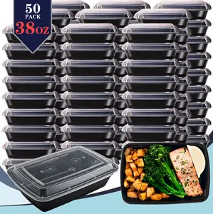 GXDOX 50 Pack 38oz Black Meal Prep Containers Extra-Thick PP Material Rectangular Food Storage Bento Box Stackable Leak-Proof BPA-Free Microwave Dishwasher Freezer Safe