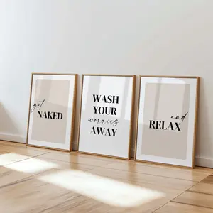 Bathroom wall art set of 3 prints | Wash your worries away, get naked and relax bathroom decor signs, neutral beige bathroom quotes,UNFRAMED Glossy Ornaments wall decor set