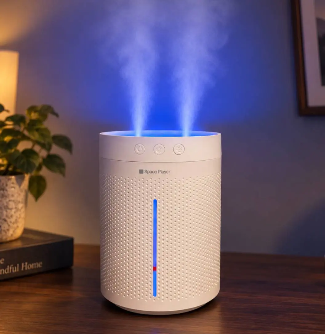 Space Player Humidifier: 3L large capacity, top-fill design, dual mist modes, 360° coverage, timer function, visible water level, automatic shut-off, cordless operation, and built-in safety features—ideal for nurseries, living rooms, and offices.