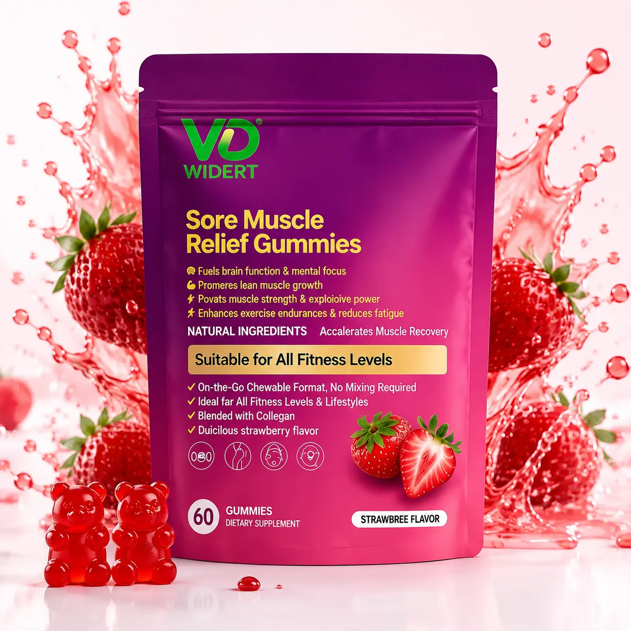 WIDERT Creatine Monohydrate Gummies with Collagen BCAA L-Glutamine | No Messy Powder Post Workout Snack, Fast Muscle Soreness Relief, Boost Strength Endurance & Gym Recovery for Men Women Strawberry 60 Count