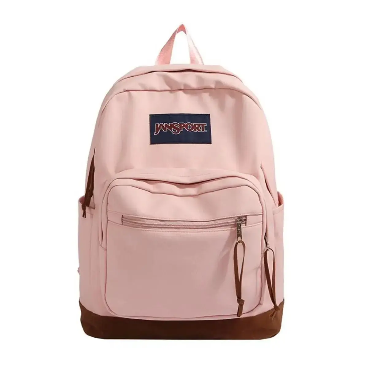 Pastel Pink JanSport Backpack Brown Leather Base Water Resistant Multi Pocket Casual Travel Daypack