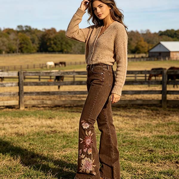 Vintage Embroidered Flare Jeans for Women, Western Style Slim Fit Casual Denim Pants