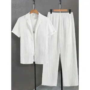 Men's Plain Textured Loungewear Set, National Day Offers, Casual Button Front Shirt & Elastic Waist Pants without Tee & Necklace, Men's Sleepwear for All Seasons