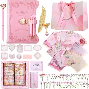DIY Journal Diary with Lock Set Scrapbook Kit Stationary Diary Supplies Art Crafts Kit for Birthday Holidays Ideal Gifts for Women Teen Girls(Pink,Classic)