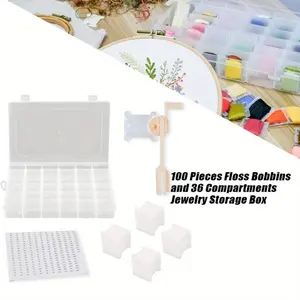 100 Plastic Bobbins (White) and 36 Compartments Jewelry Storage Box,Embroidery Floss Cards for Cross Stitch Thread Craft DIY Sewing Storage,Hard Floss Bobbins