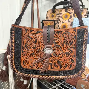Genuine hand tooled leather shoulder bag