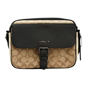 COACH Hudson 23 Classic Monogram Crossbody Bag with Zipper Closure and Flap Pocket in Coated Canvas and Natural Pebble Leather for Men