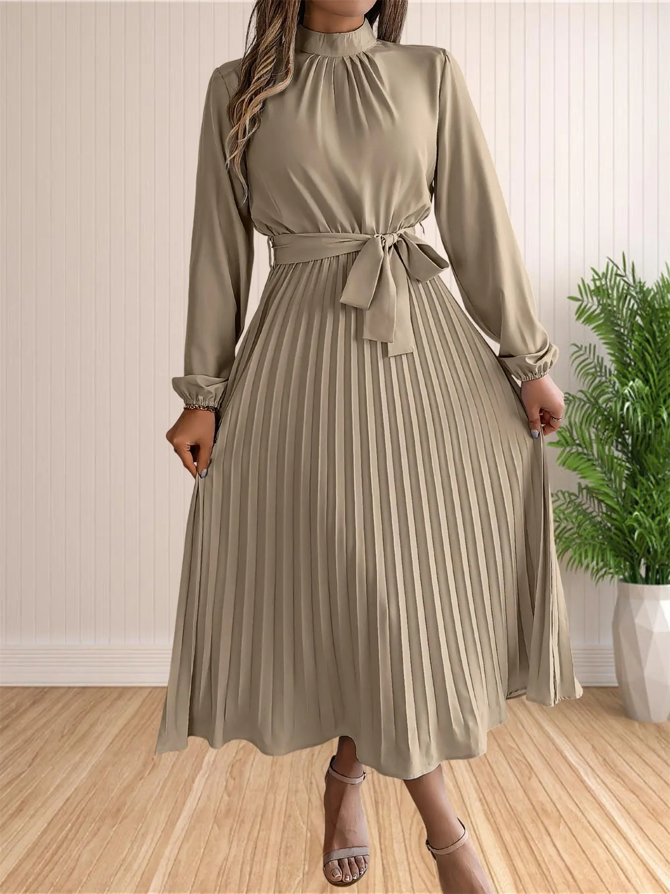 Women's Solid Belted Pleated A Line Dress, Elegant Bishop Sleeve Mock Neck Dress for Fall & Winter, Women's Clothing for Daily Wear, Casual Everyday Wear - TikTok Shop Women's Solid Belted Pleated A Line Dress, Elegant Bishop Sleeve Mock Neck Dress for Fall & Winter, Women's Clothing for Daily Wear, Casual Everyday Wear - TikTok Shop