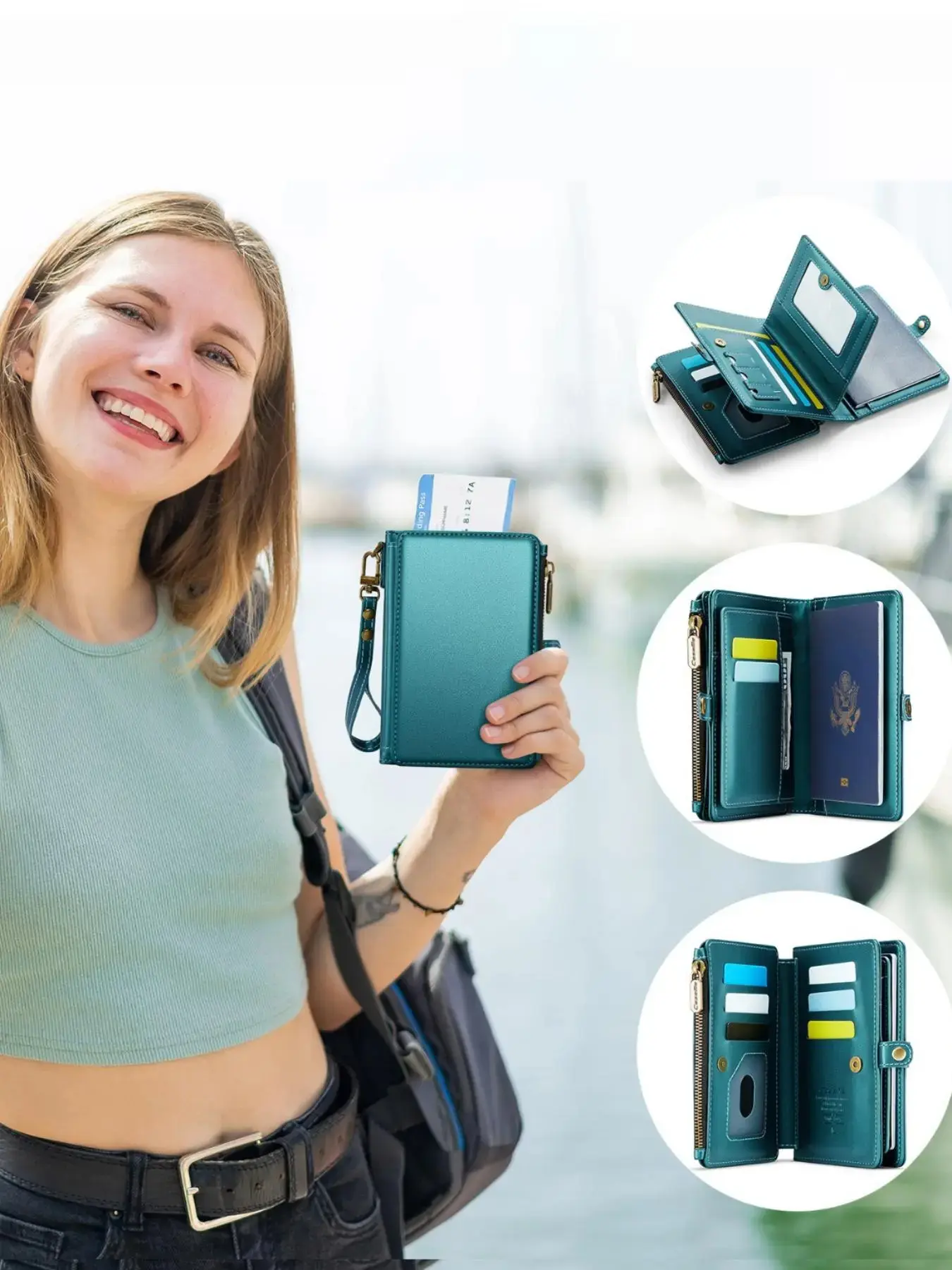Women's Multi-functional Passport Holder, High-Quality Wallet with RFID Blocking, Multiple Card Slots, Zippered Coin Pocket, Side Snap and Wrist Strap for Portability, Travel Document Holder, Passport Cover, Passport Protector