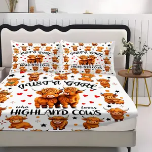 Premium Fabric Highland Cow Fitted Sheet Set, 3pcs Bed Sheet Pillowcase, All Season No Filling, Cozy Sleep Bedding for Dorm Bedroom Hotel
