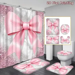 4PCS Pink Bow Shower Curtain set, Pink Bow on Glittery Marble Bathroom Decor, Accessories with Bath Mat, U-shaped Mat, Toilet Lid Cover, 12 Hooks 180x180cm Curtain, Bow Lover, Home Decor, bathroom accessories