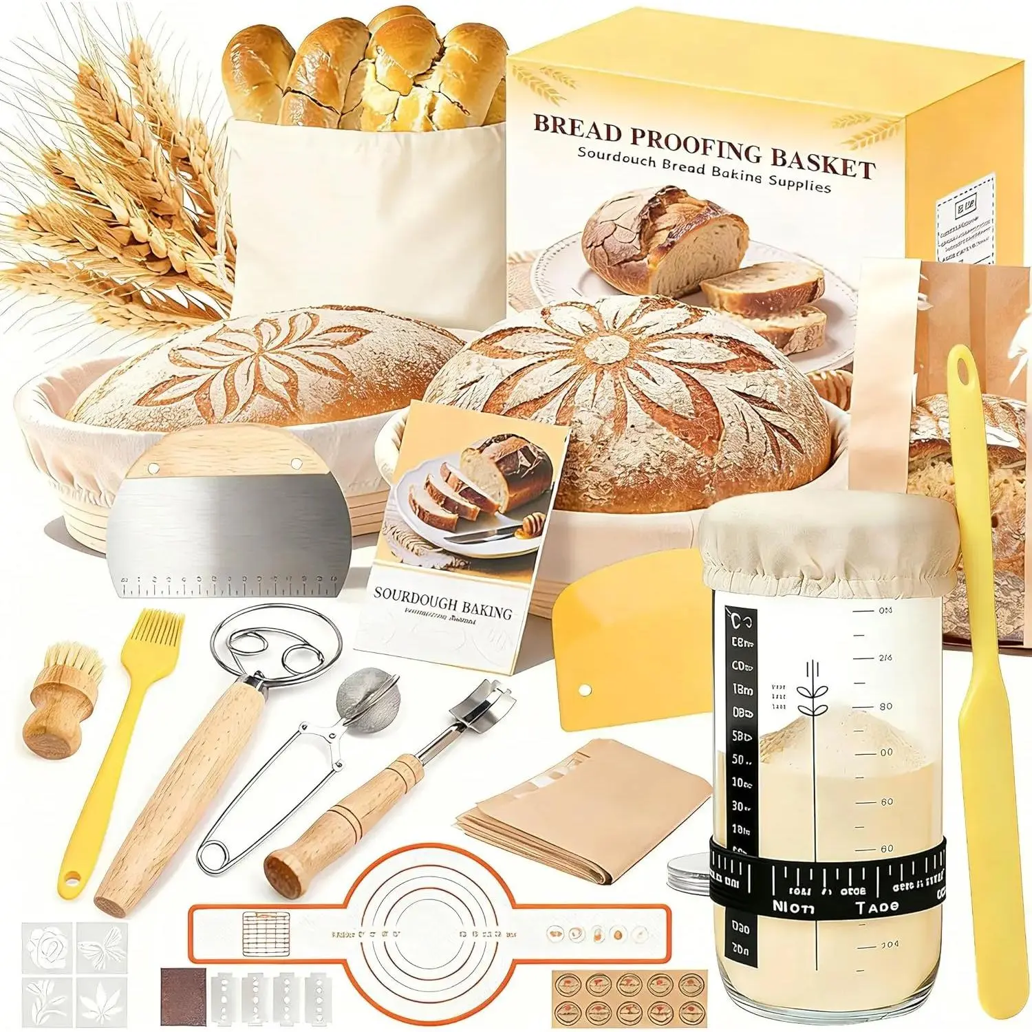 Sourdough Starter Kit, Sourdough Bread Baking Supplies, Round & Oval Banneton Bread Proofing Basket, Bread Sling, Starter Jar, Dough Whisk, Scrapers, Stencils & Bag, Complete Sourdough Kit Gifts Bakeware Utensils