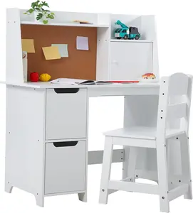 Table and Chair Set, Wooden Desk with Hutch, Bookshelf, Storage Cabinets & Cork Board, Writing Desk for Boys and Girls, Ideal for Home School Use, White
