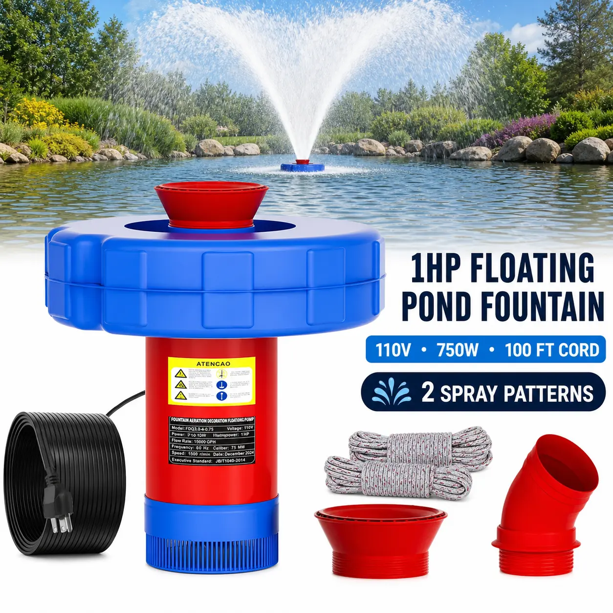 Easy-to-Install 1HP Floating Pond Fountain Aerator (110V) — Plug-and-Play Submersible Pump with 100ft Extra-Long Power Cord, Premium PVC Float, and Interchangeable Nozzles for Lakes, Large Ponds, and Backyard Water Features, Aeration System, Low Profile