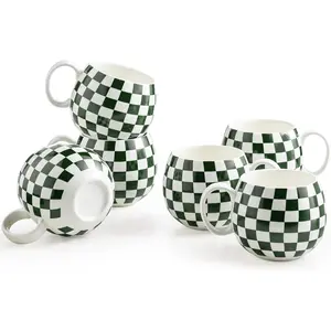 Stylish 6-Piece 18 oz Large Porcelain Coffee Cup Set - Checkered Handle Drinkware, Ideal for Mother's Day, Tea, Latte