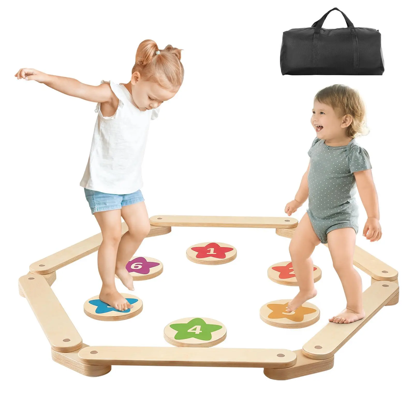 VEVOR 6 PCS Wooden Balance Beam Stepping Stones (Wooden Boards), CPC & CPSIA Certified Unisex Montessori Toy for 3-4 Yrs Girls, Deepened Connectors, Build Coordination & Gross Motor Skills, Indoor-Outdoor Playground Equipment, Birthday Gift#BacktoSchool