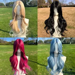 SMILCO/26 Inches Ombre Gold/Pink Long Curly with Bangs Synthetic Wig for Christmas/SM436 Body Wavy Wiglet