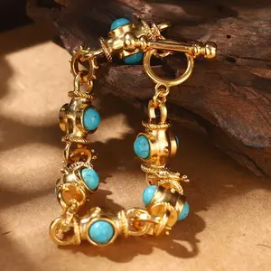 Vintage Boho-Inspired 18K Gold-Plated Alloy Bracelet with Turquoise Insets, Geometric Link Design for Women - Ideal for Daily Wear & Parties