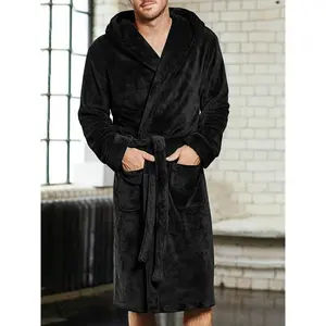 Men'S Velvet Bathrobe - Long Sleeve Solid Color Lapel Robe with Cotton Lining, Slight Stretch, Loose Fit, Placket for Fall/Winter Vacation Style