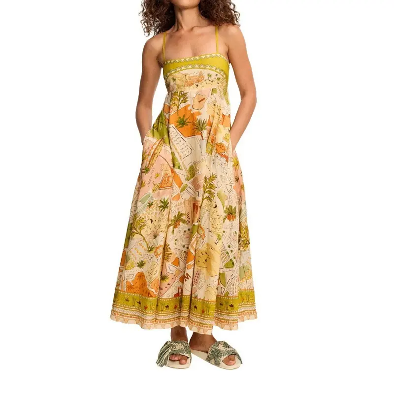 Women’s Boho Tropical Print Sleeveless A-Line Maxi Dress - Casual, Feminine, Breathable Spaghetti Strap Vacation Beach Resort Summer Dress, Style, Elegant, Fabric, Fit, Loose, Multicolor, Tropical Dress