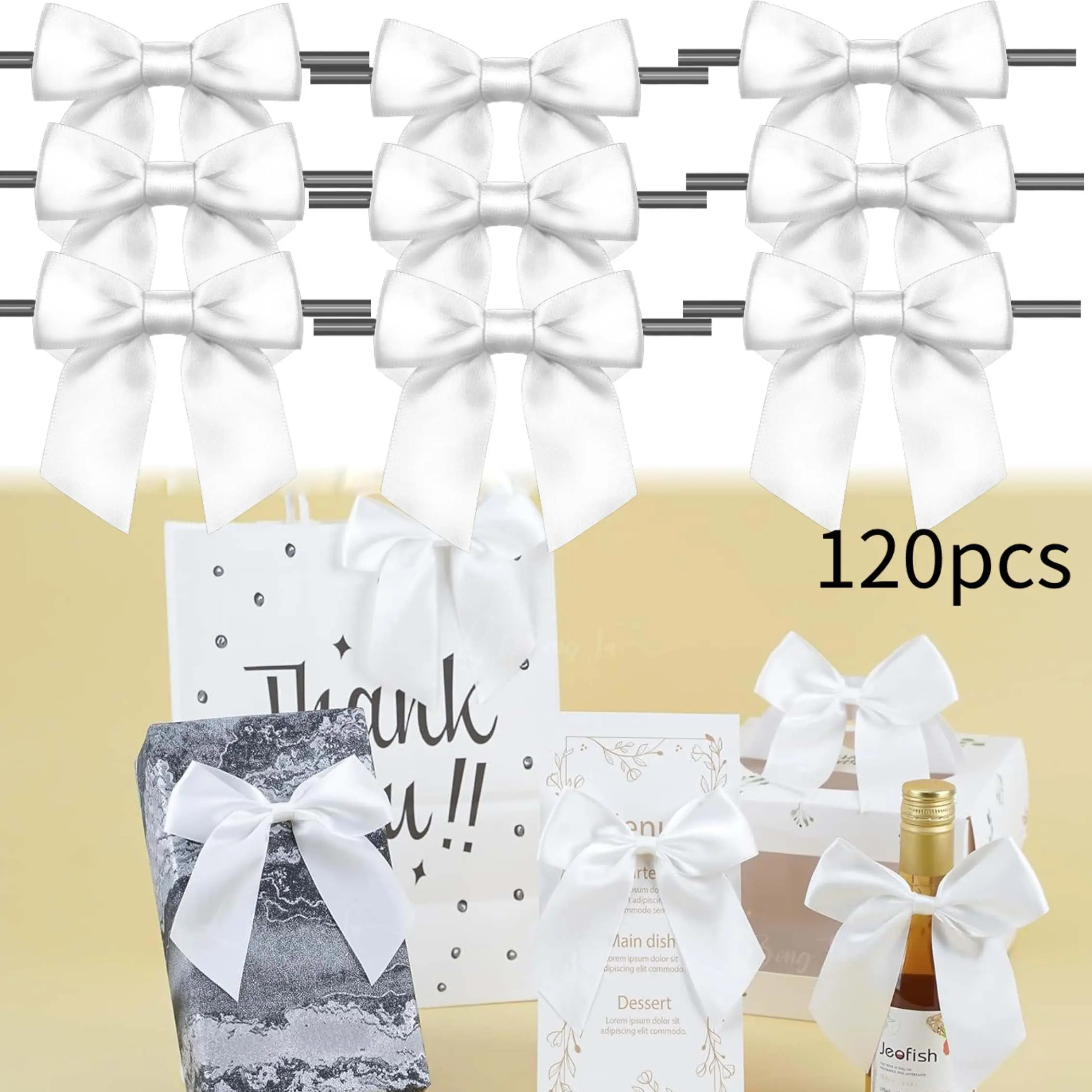 Twist Tie Bows, 120 Pack Satin Bows for Treat Bags Candy Bags Bakery Bags, Pre-Tied Ribbon Bows Gift Bows for Gift Wrapping Packaging, Wedding, Baptism, Tableware Decor Party Decoration (White)