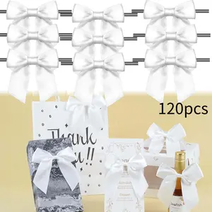 Twist Tie Bows, 120 Pack Satin Bows for Treat Bags Candy Bags Bakery Bags, Pre-Tied Ribbon Bows Gift Bows for Gift Wrapping Packaging, Wedding, Baptism, Tableware Decor Party Decoration (White)