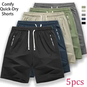 Pack of 5 men’s solid color drawstring shorts with pockets; men’s clothing; sports casual shorts with elastic waistband and pockets; breathable athletic bottoms; quick-dry sports shorts; fashionable, versatile outdoor casual shorts.  Set shop deal drying,