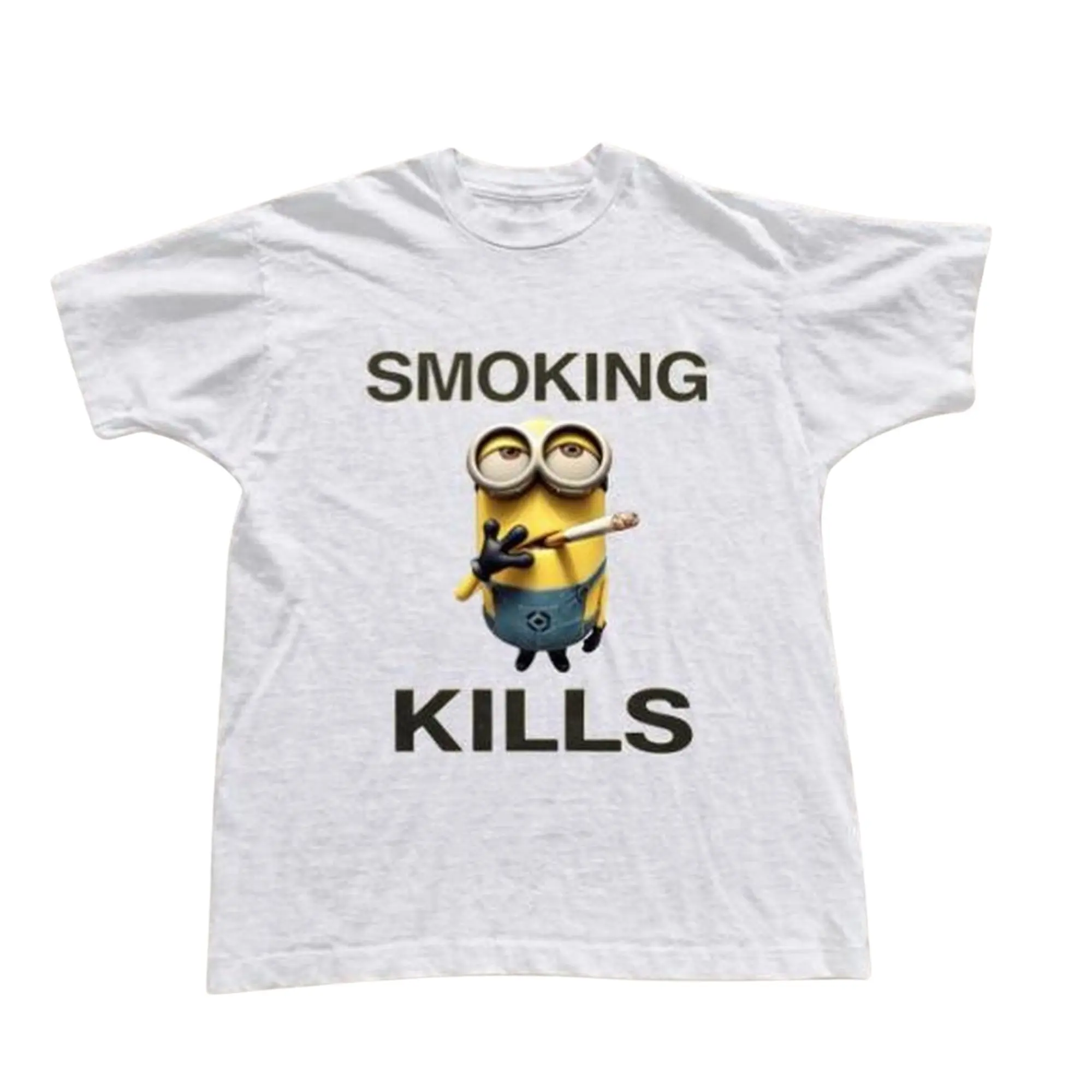 Despicable Me Minions Graphic T-Shirt, Yellow Mini Character Smoking Cigarette With Bold Black Smoking Kills Text Typography, Unisex Streetwear Tee For Movie Fans, Dark Humor Outfit