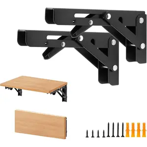 6 Inch Folding Shelf Brackets, 2 Pack (1 Pairs) Heavy Duty Metal Collapsible Wall-Mounted Brackets, Space-Saving DIY Foldable Shelf for Benches and Tables, Matte Black