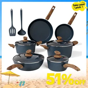 [Summer Vibes] Kitchen Academy Induction Cookware Sets - 12/17/30 Pieces Cooking Set, Granite Nonstick Pots and Pans Silicone Cast Iron Skillet Beige Cooking Set