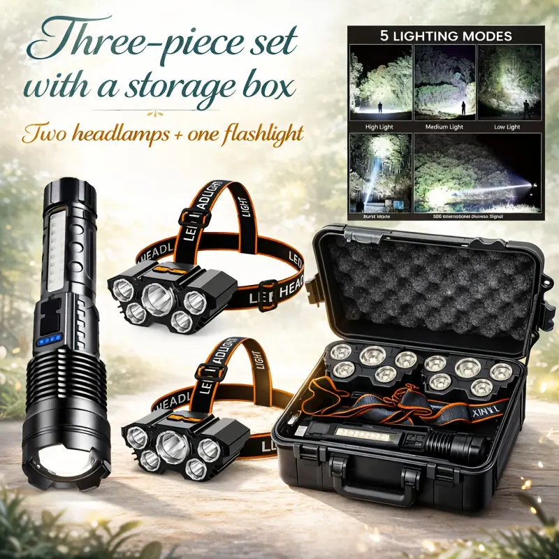 2 Headlamps And 1 Flashlight with A Carrying Case. The Flashlight Has A Strong Main Light And A Side Light with Adjustable Focus Long Battery Life Suitable for Home Use, Hiking, Camping, Fishing, Electrical Work, And Emergencies. Valentine's Day Gift