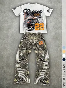This Two-Piece Racing Print T-Shirt and Camouflage Flared Pants Set is a Men's Streetwear Two-Piece Outfit, Suitable for Everyday Casual Wear and Hip-Hop Events.