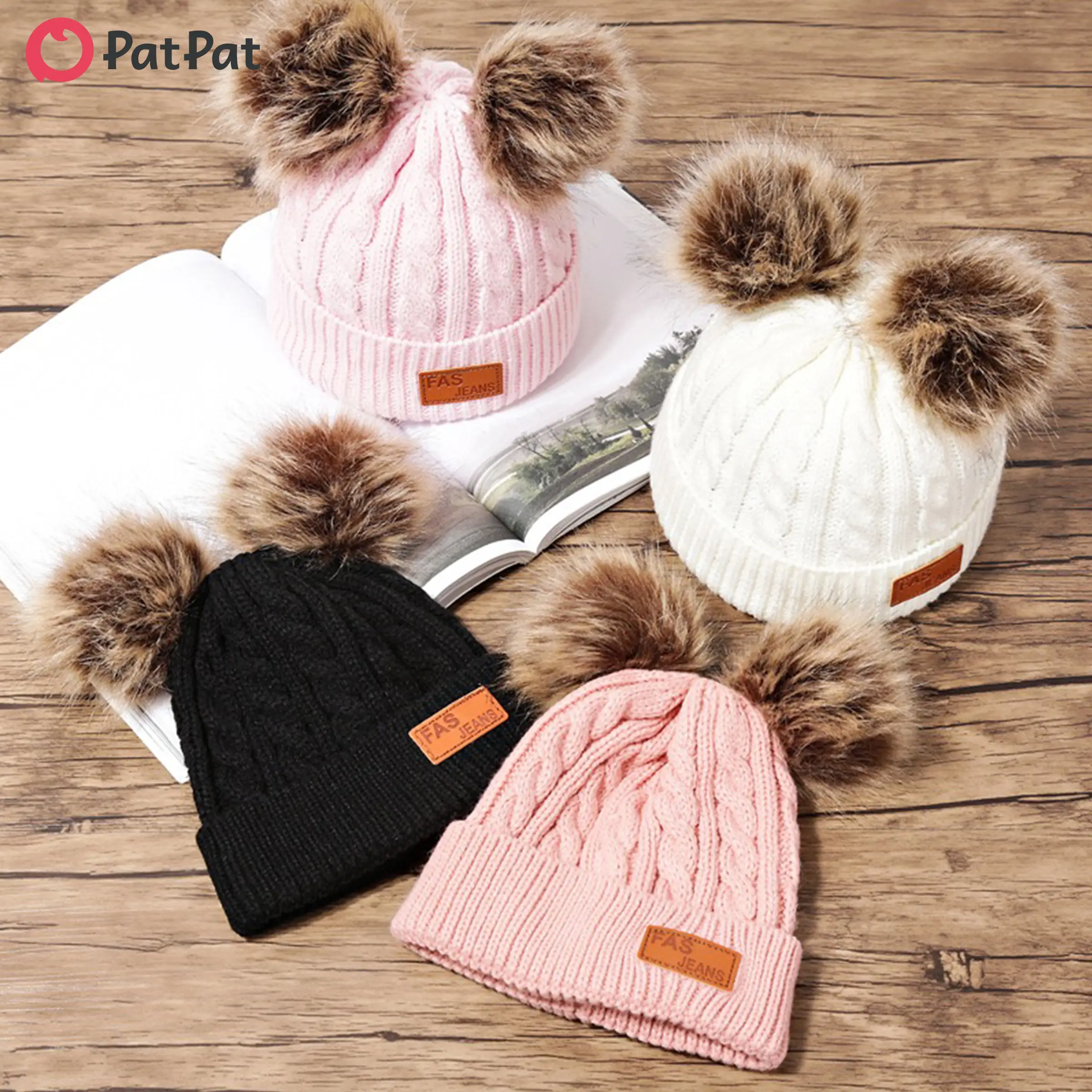PatPat Toddler/ Kid Double Pompon Decor Solid Color Knitted Beanie Hat